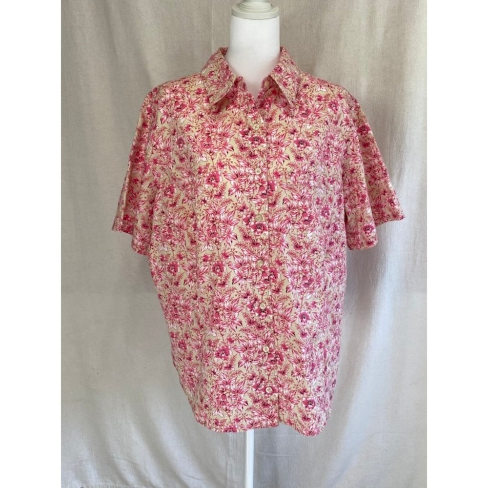 Pink Floral Cottagecore Button‎ Up Blouse 1X soft feminine grandma-core